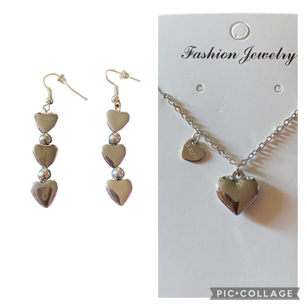HEART EARRINGS AND NECKLACE-SILVER TONE